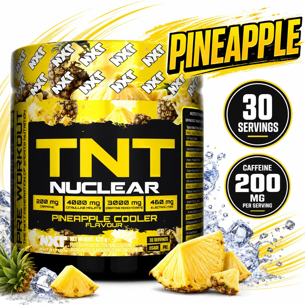 NXT Nutrition TNT Nuclear pineapple cooler pre-workout powder, 420g tub with 30 servings and 200mg caffeine per serving