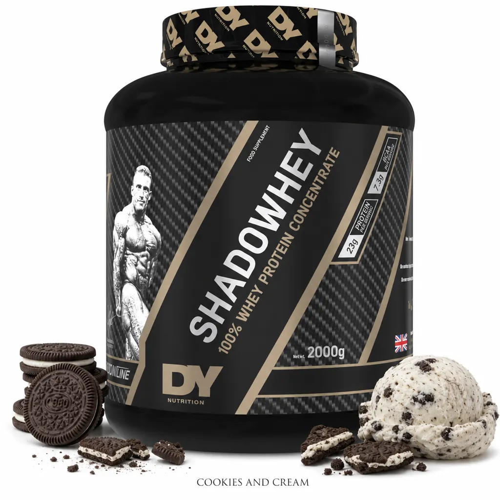 Dorian Yates Shadowhey 2000g whey protein powder, cookies and cream flavour, high in protein with low fat and sugar, designed for muscle growth and recovery.