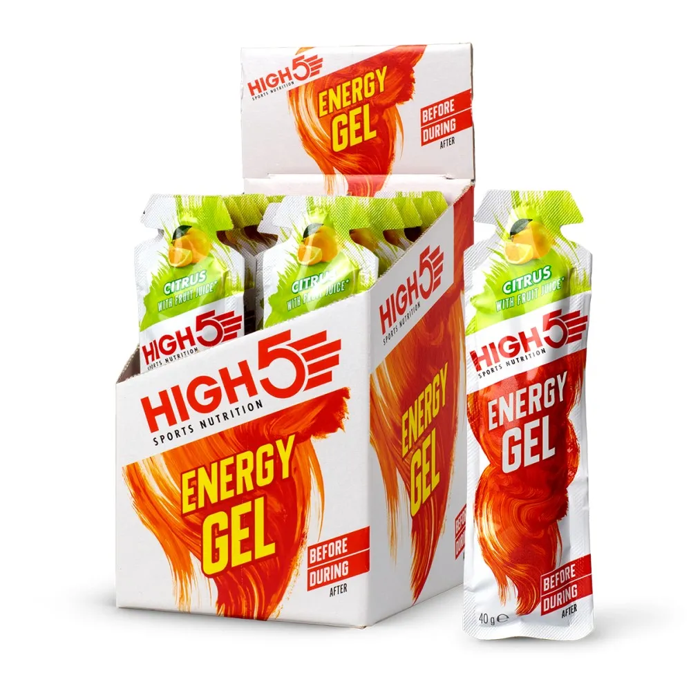 High5 Energy Gel Citrus 40g sports nutrition gel with fruit juice, designed for energy during exercise, in a white and orange box with individual sachets.