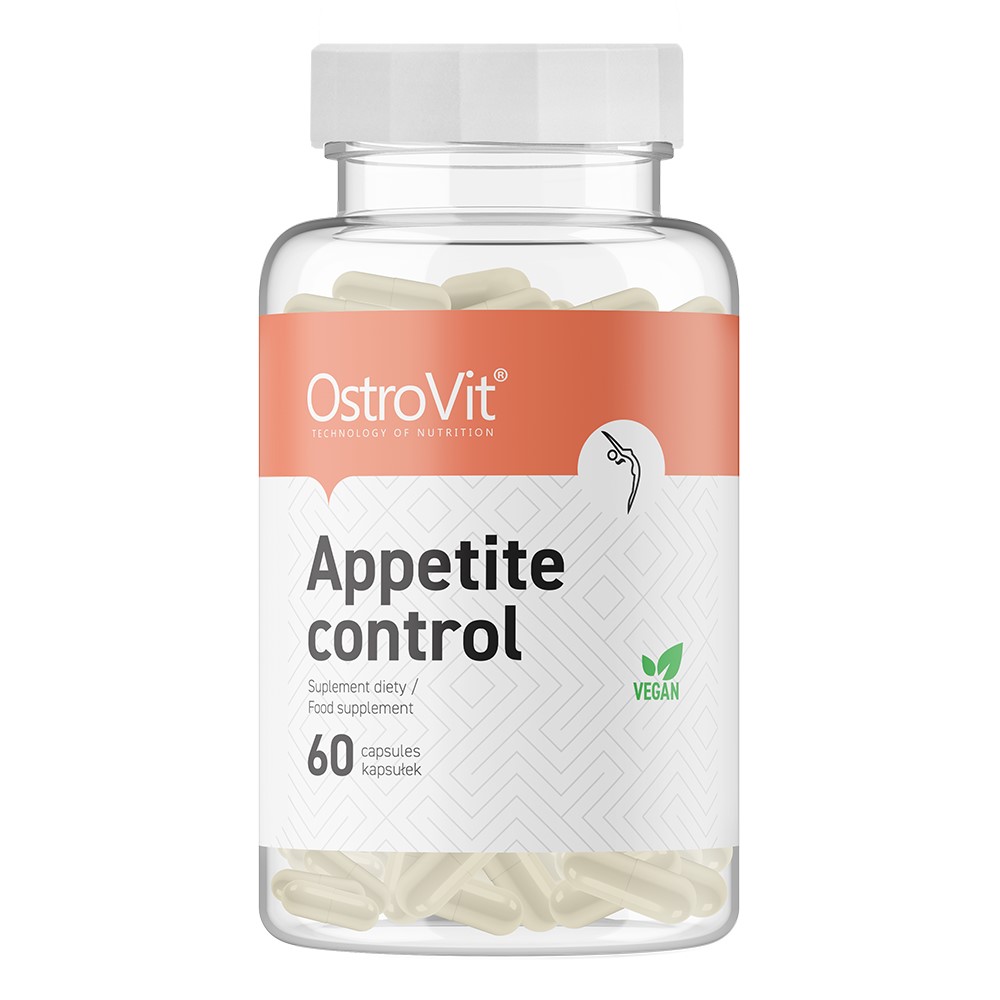 OstroVit Appetite Control 60 capsules vegan food supplement for appetite management, in a clear bottle with white and orange label.
