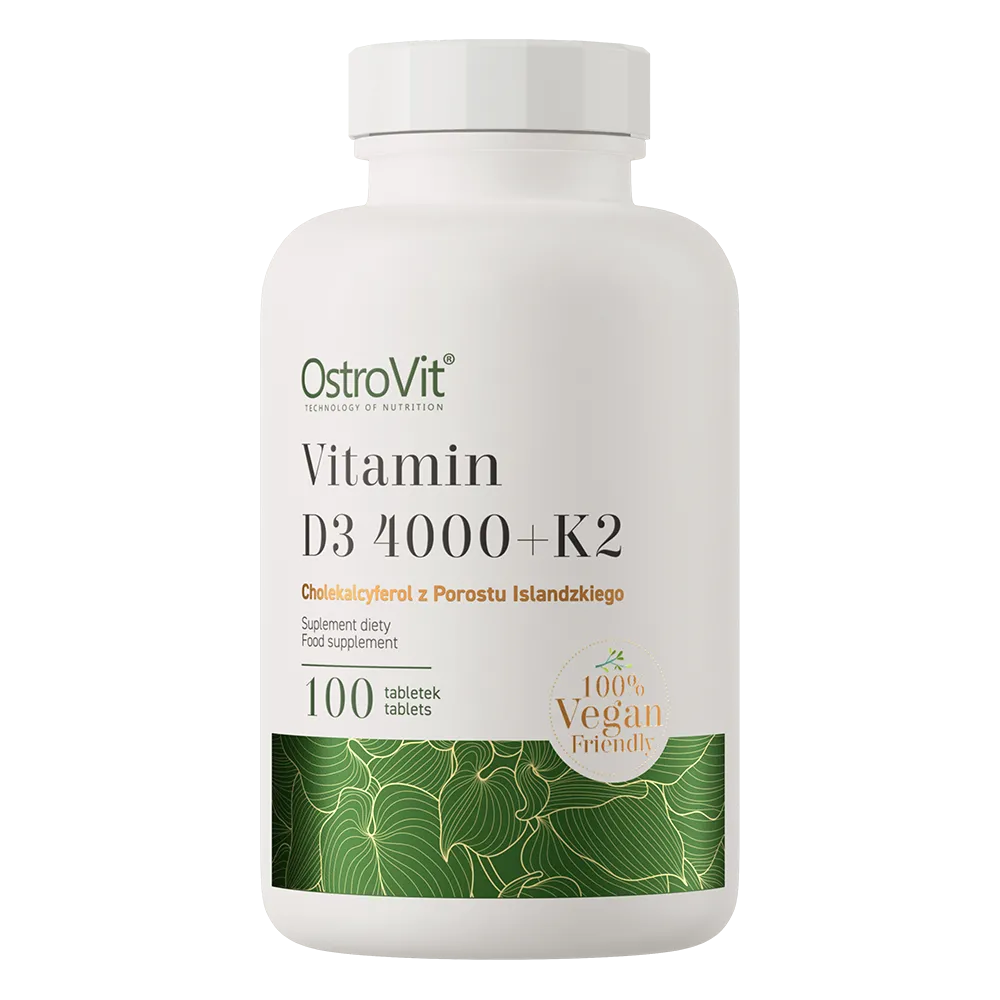 OstroVit Nutrition Vitamin D3 4000 + K2 100 Vege Tabs, vegan-friendly dietary supplement for bone and immune health, 100 tablets per bottle.