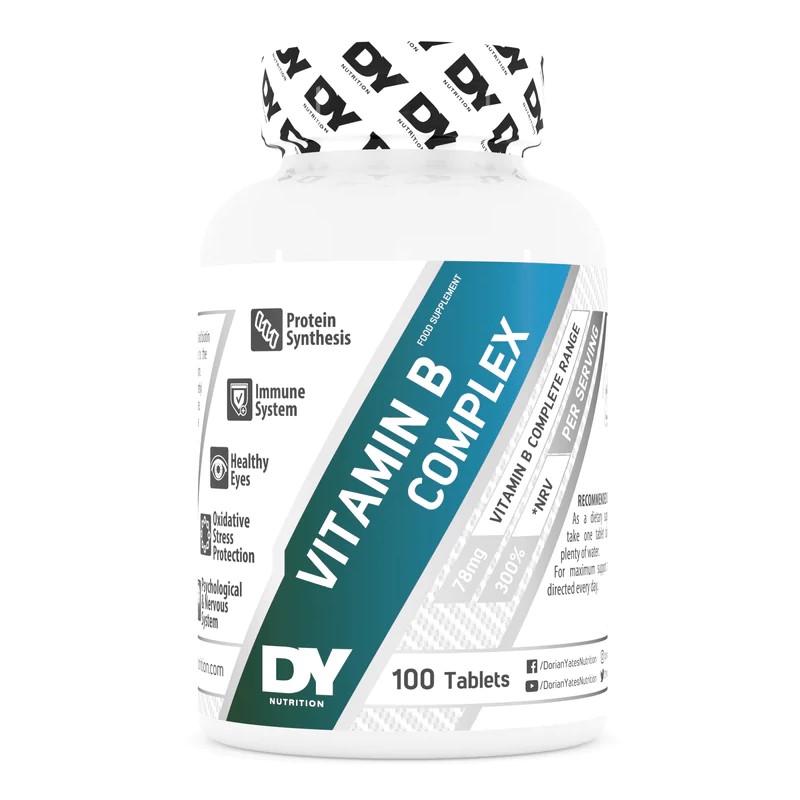 DY Nutrition Vitamin B Complex 100 Tablets, a dietary supplement providing a complete range of B vitamins for protein synthesis, immune system, and healthy eyes, in a white bottle with blue and green label.