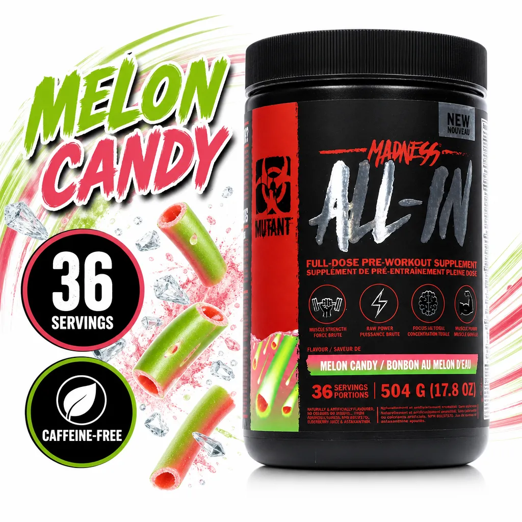 Mutant Madness All-In pre-workout powder in Melon Candy flavour, caffeine-free, with 36 servings in a 504 g tub