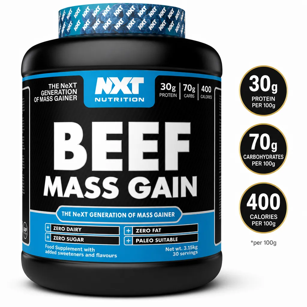NXT Nutrition Beef Mass 3150g mass gainer supplement tub with beef protein, 30 servings, zero dairy, sugar and fat
