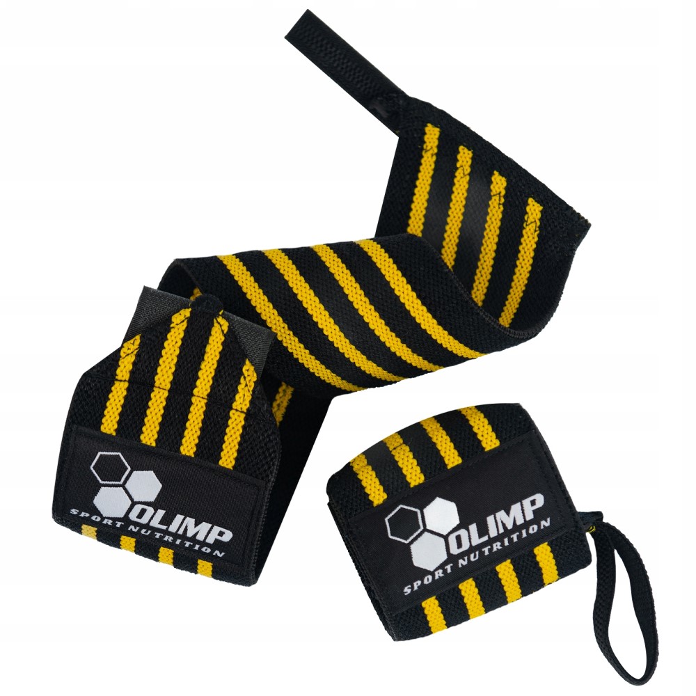 Olimp Profi Wrist Wraps black and yellow striped wrist supports, 2 pieces, designed for weightlifting and strength training, featuring the Olimp Sport Nutrition logo.