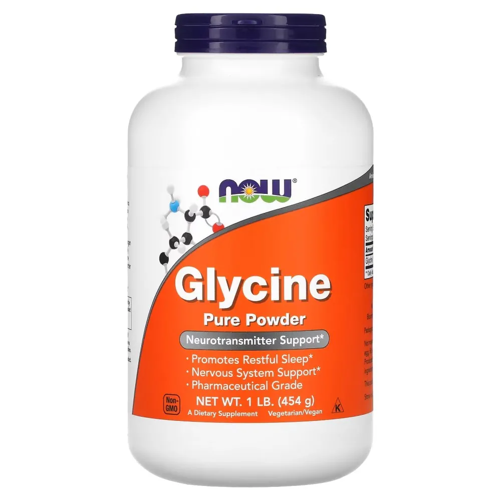 NOW Foods Glycine Pure Powder 454g dietary supplement for neurotransmitter support, in a white and orange container, vegan and non-GMO.