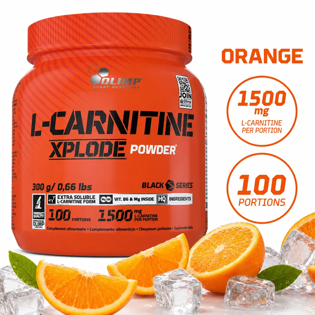 Olimp Nutrition L-Carnitine Xplode orange-flavour powder, 300g tub with 1500mg L-carnitine per portion and 100 portions.