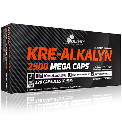 Olimp Kre-Alkalyn 2500 Mega Caps 120 capsules, a high-bioavailability buffered creatine supplement in capsule form, black and orange packaging.