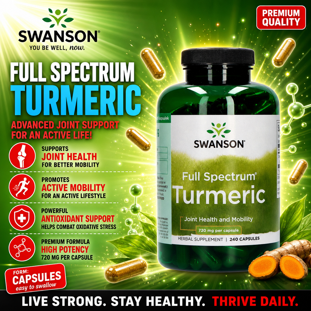 Swanson Full Spectrum Turmeric 720mg 240 capsules herbal supplement for joint health and mobility, high potency turmeric capsules in a green bottle with turmeric root and capsules shown.