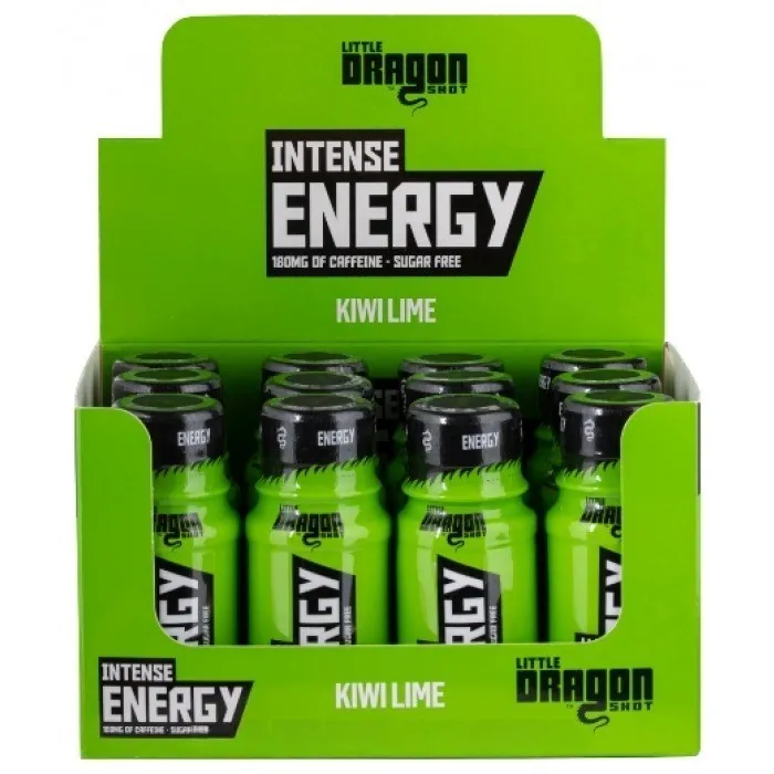 Little Dragon Intense Energy Shot Kiwi Lime, a sugar-free pre-workout energy shot with 180mg caffeine, shown in a bright green 60ml bottle multipack display.