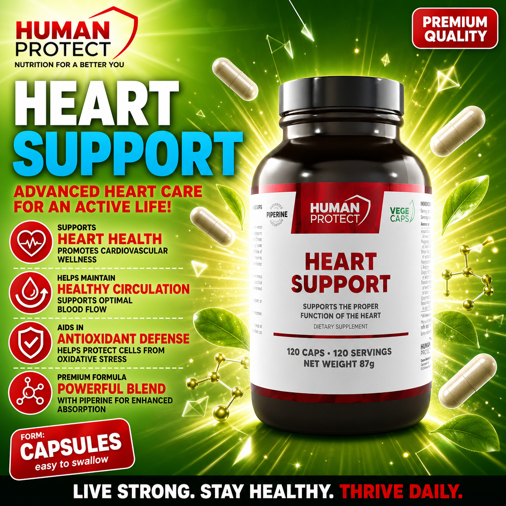 Human Protect Heart Support 120 Caps bottle, white plastic container with red and black label, 120 vegan capsules