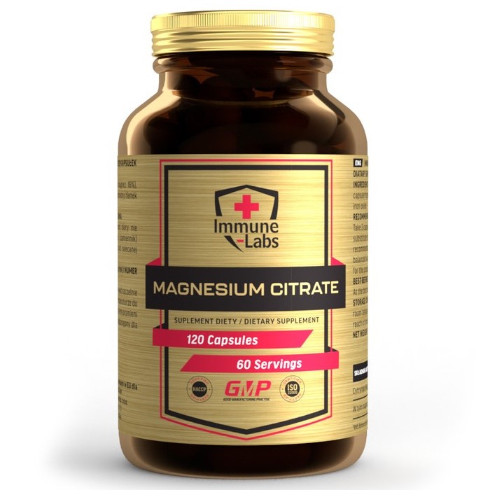 Immune Labs Magnesium Citrate dietary supplement, 120 capsules per bottle, designed to support magnesium intake, in a brown bottle with a gold label.