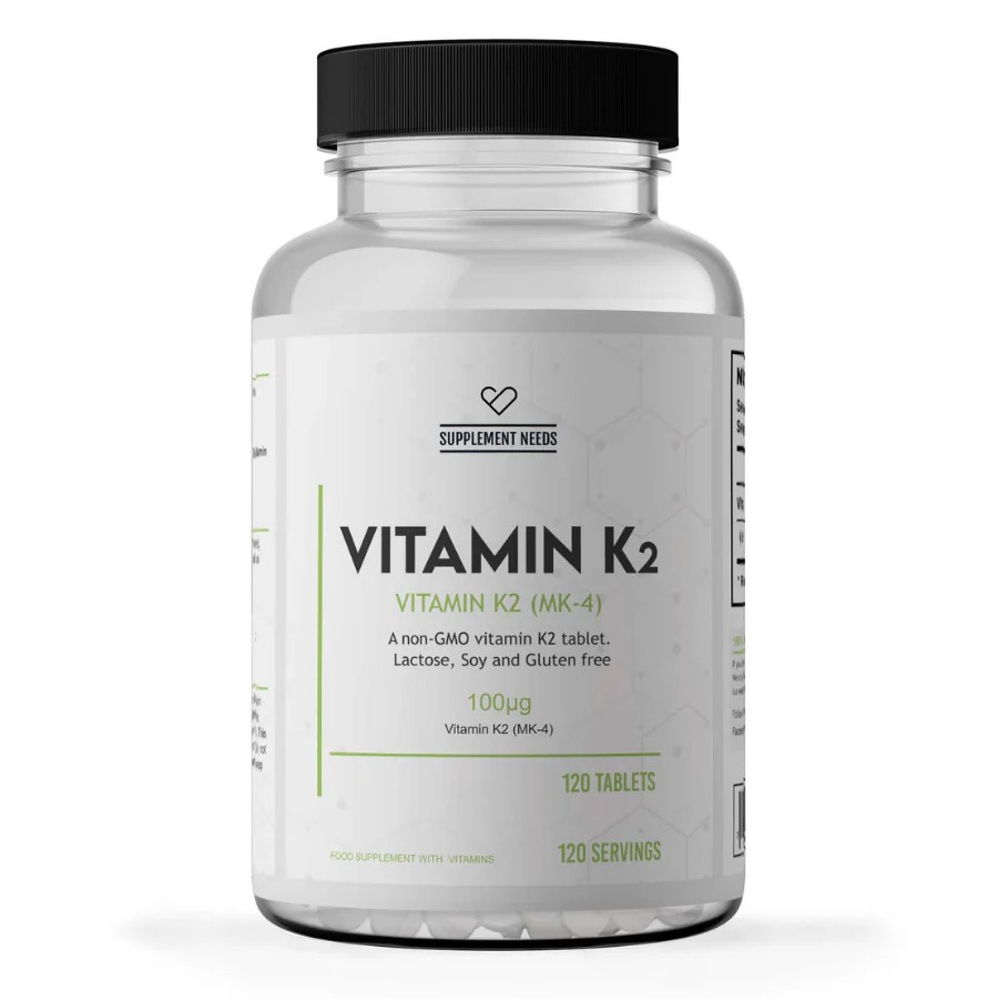 Supplement Needs Vitamin K2 120 tablets, MK-4 form, non-GMO, lactose, soy and gluten free vitamin supplement in a clear bottle with a black lid.