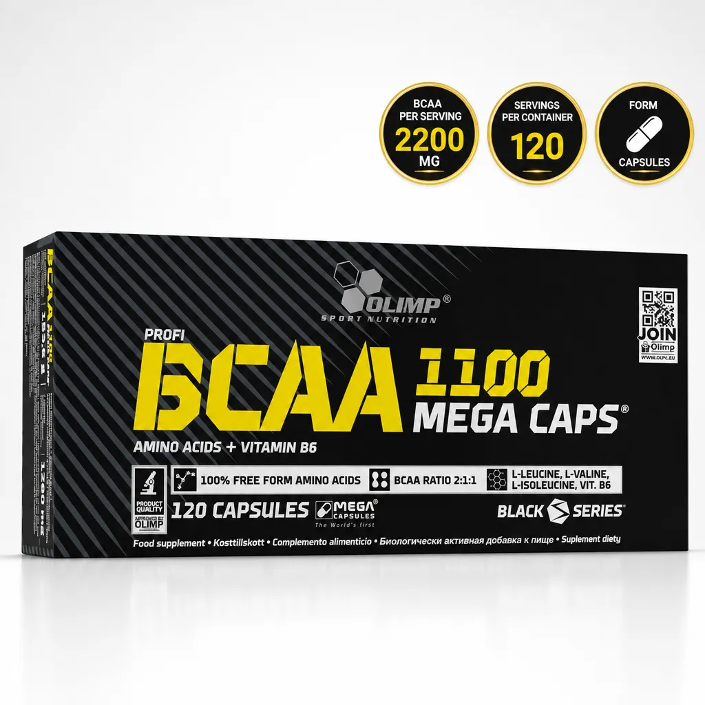 Olimp BCAA Mega Caps 1100mg 120 Caps, BCAA amino acid capsules with vitamin B6 in a black box.