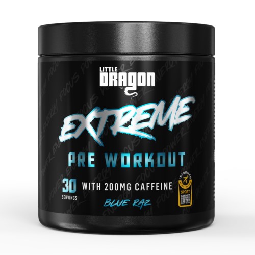Little Dragon Extreme Pre Workout 300g Blue Raz, a high-caffeine pre-workout supplement with 200mg caffeine per serving, designed to boost energy and focus before exercise. The packaging is predominantly black with blue and white accents.