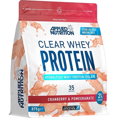 Applied Nutrition Clear Whey Protein 875g cranberry and pomegranate flavour, hydrolysed whey protein isolate supplement with 21g protein per serving, in a resealable pouch.