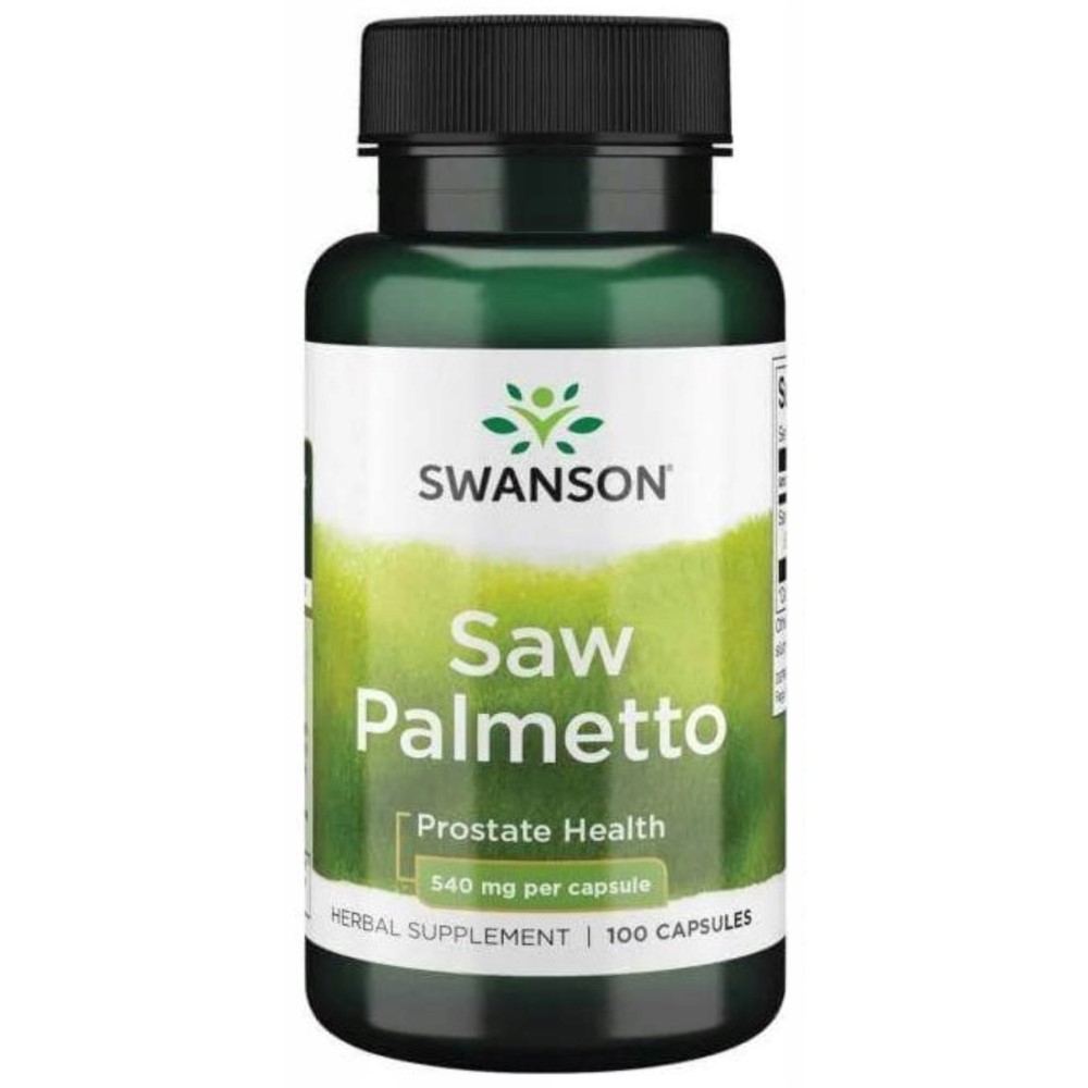 Swanson Saw Palmetto 540mg 100 capsules herbal supplement for prostate health, in a green and white bottle.