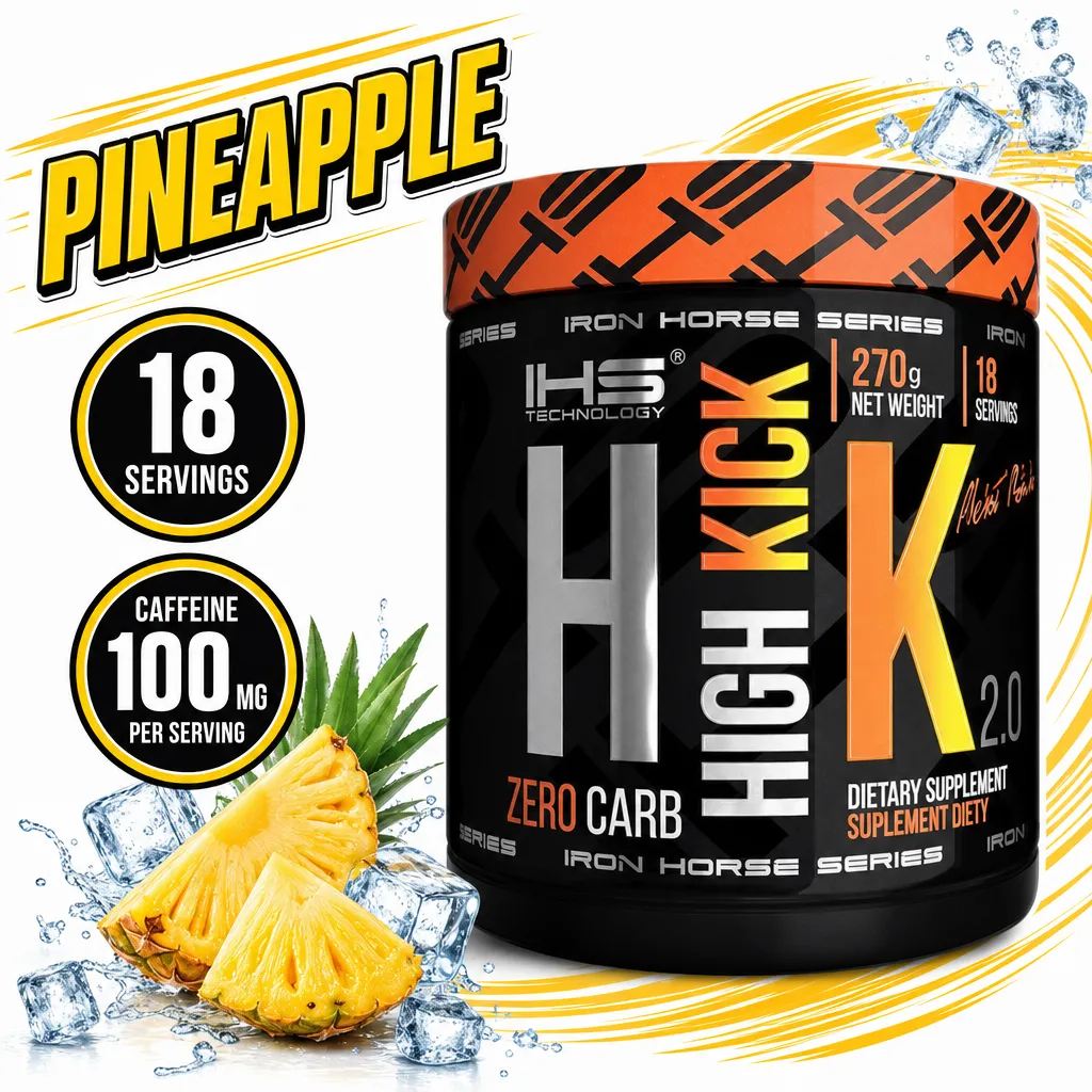 Iron Horse High Kick 2.0 pineapple pre-workout powder, 270g black and orange tub with 18 servings and 100mg caffeine per serving.