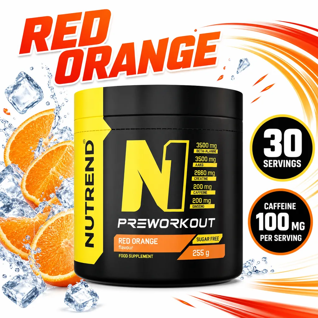 Nutrend N1 Pre Workout red orange flavour powder, 255g tub with 30 servings and 100mg caffeine per serving.