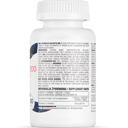 OstroVit Vitamin K2 200 Natto MK-7 90 tabs dietary supplement, providing vitamin K2 in the form of MK-7 derived from natto, 90 tablet bottle, white packaging.