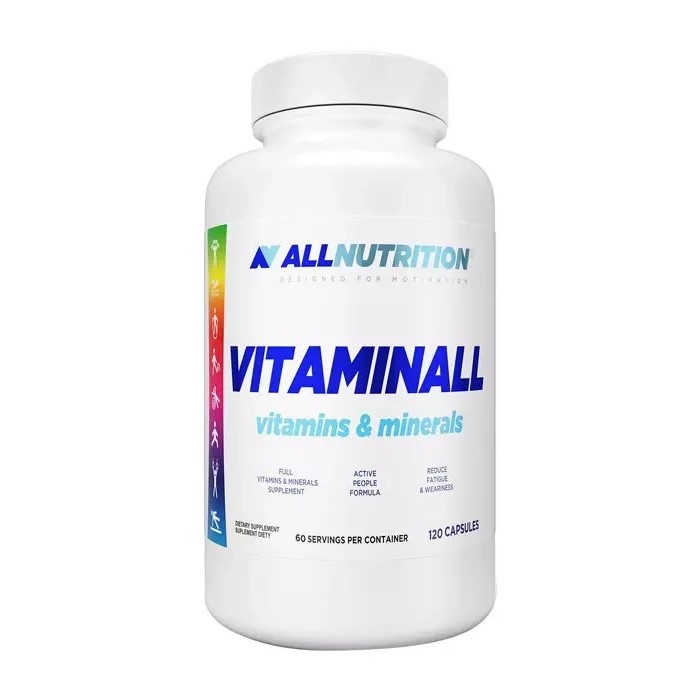 AllNutrition Vitaminall vitamins & minerals, a multivitamin and mineral supplement in a white bottle containing 120 capsules, designed for active people.