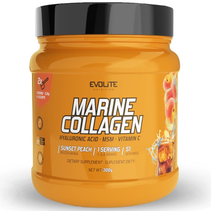 Evolite Marine Collagen 300g by Evolite Nutrition, a white plastic tub with blue and silver label, dietary supplement powder