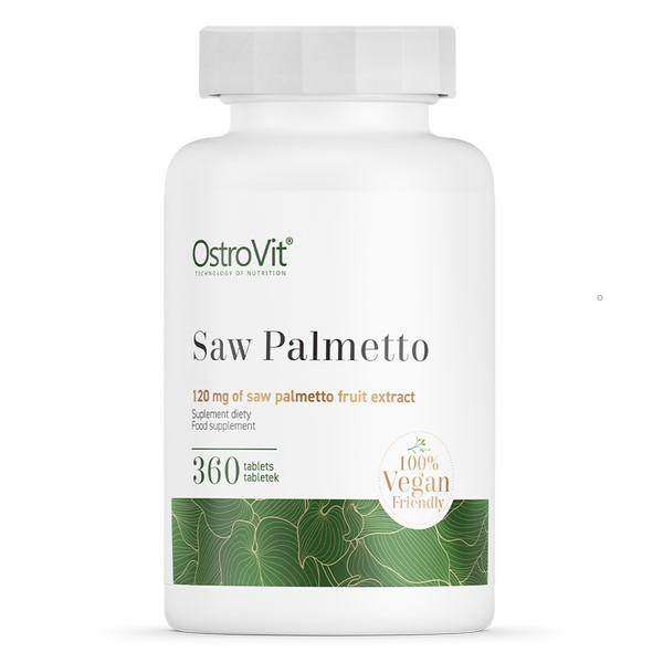 OstroVit Saw Palmetto 360 tablets vegan-friendly dietary supplement with 120 mg of saw palmetto fruit extract per tablet, in a white and green bottle.