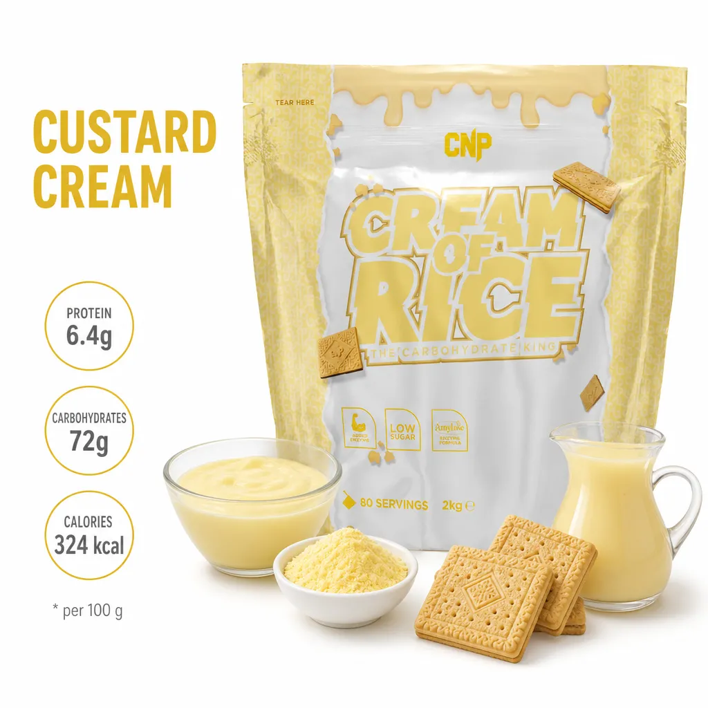 CNP Cream of Rice The Carbohydrate King 2000g Custard Cream flavour, a complex carbohydrate supplement with low sugar, high digestibility, and 80 servings per pack.