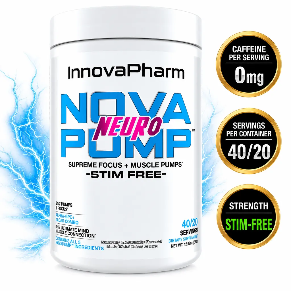 InnovaPharm Nova Pump Neuro stim-free pre-workout powder supplement with 40/20 servings and 0mg caffeine
