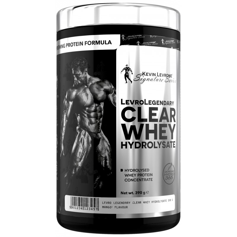 Kevin Levrone LevroLegendary Clear Whey Hydrolysate 390g hydrolysed whey protein concentrate supplement in a black and silver container, mango flavour.