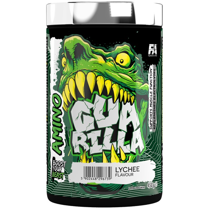 FA Guarilla Amino 450g lychee flavour amino acid supplement with a green monster graphic, designed to support muscle function and replenish electrolytes.
