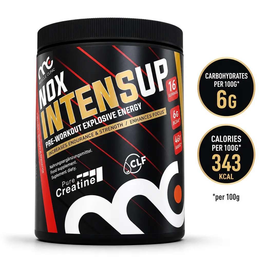 Muscle Clinic NOX IntenseUp 640g cherry pre-workout supplement with BCAAs, creatine and caffeine in a black tub.