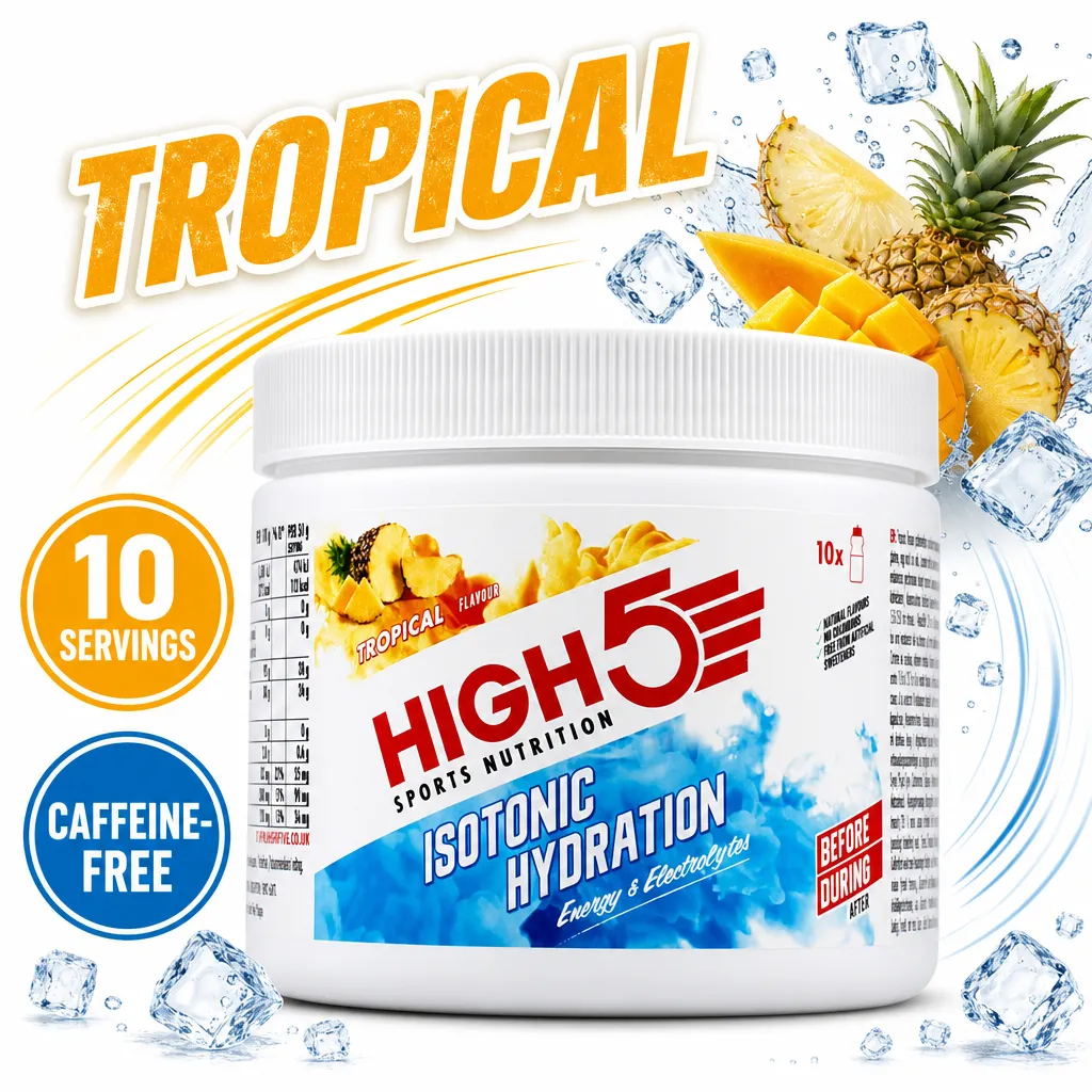 High5 Sports Nutrition Isotonic Hydration 300g tropical-flavour drink powder with 10 servings and a caffeine-free formula.