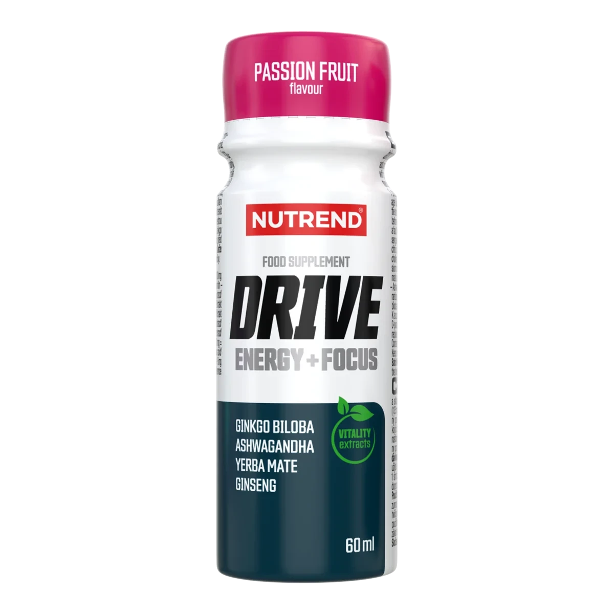Nutrend Drive Shot Passionfruit 60ml energy supplement with caffeine, taurine, ginseng, yerba mate, ashwagandha, and B vitamins for focus and vitality.