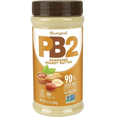 PB2 Powdered Peanut Butter original flavor, 184g jar, powdered peanut butter with 90% less fat and 6g protein per serving, brown lid, natural peanut illustration, gluten free and non-GMO certified.