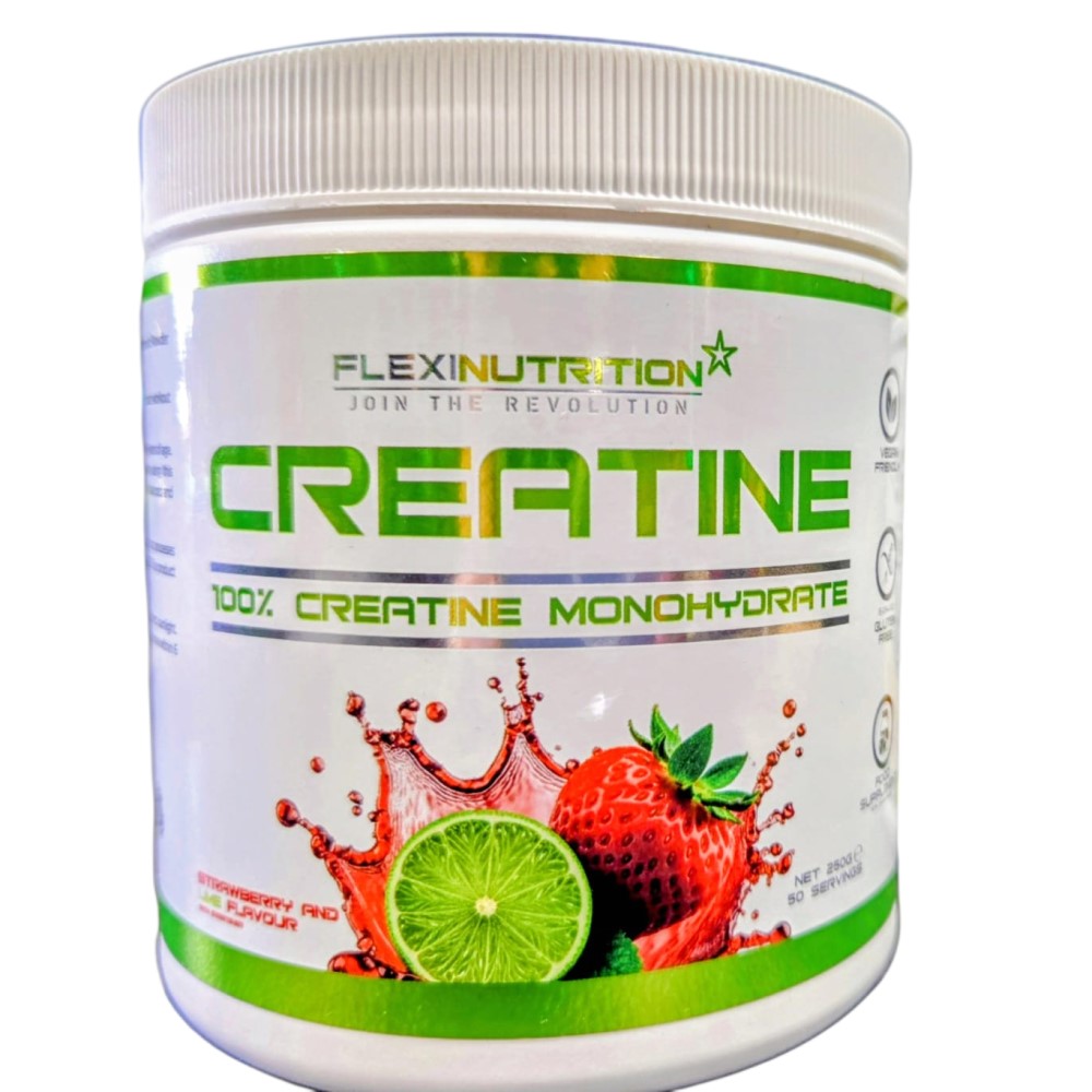 Flexi Nutrition Creatine 100% Creatine Monohydrate supplement, strawberry and lime flavour, 250g tub with green and white label.
