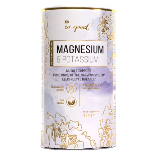 FA So Good! Magnesium & Potassium 256g dietary supplement for muscle support and electrolyte balance, suitable for vegans, in a white and gold container.