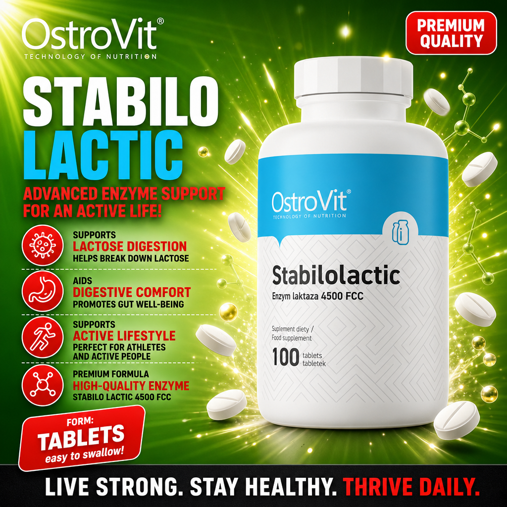 OstroVit Stabilolactic 100 tablets, a dietary supplement with lactase enzyme 4500 FCC, designed to support lactose digestion and digestive comfort, in a white and blue bottle.