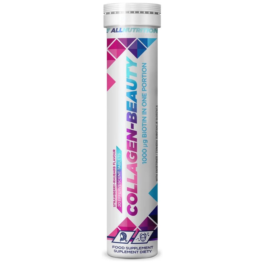 Allnutrition Collagen Beauty 20 effervescent tablets, strawberry rhubarb flavour, collagen and biotin food supplement in a white tube with geometric design.
