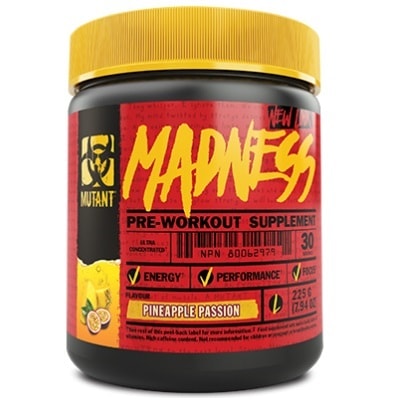 Mutant Madness Pre-Workout Supplement in Pineapple Passion flavour, 30 servings, a high-stimulant pre-workout powder in a black and yellow container with red label.