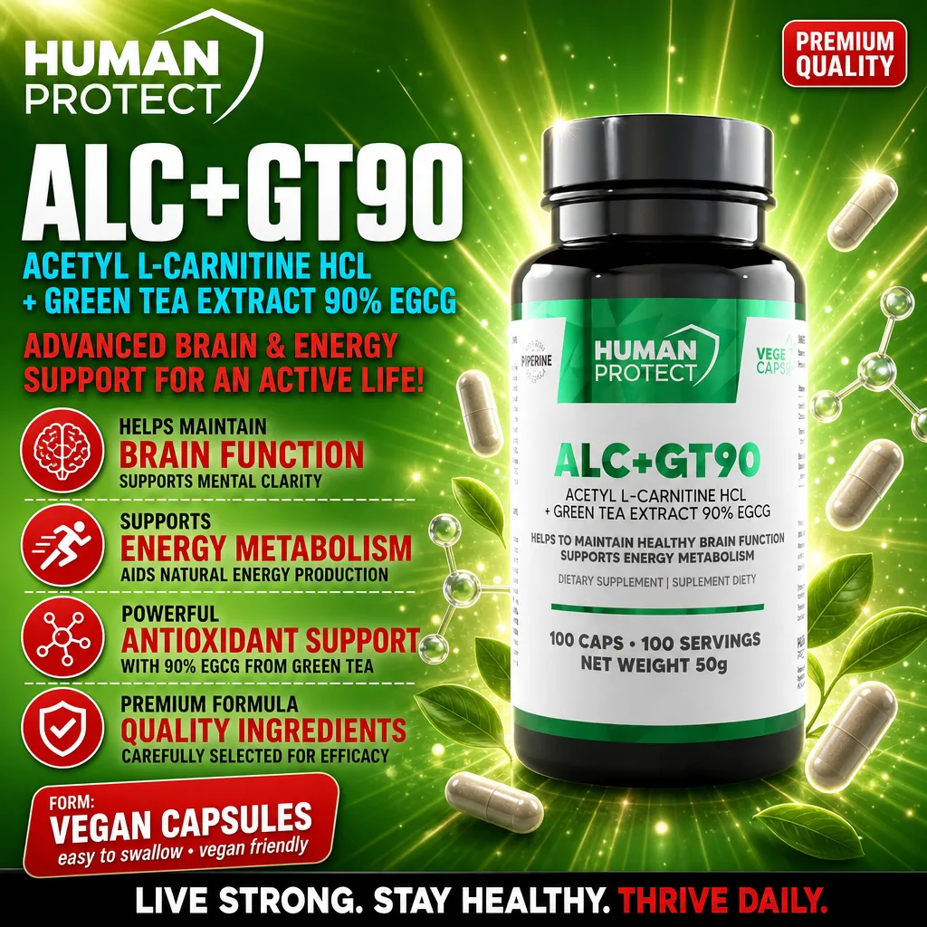 Human Protect ALC+GT90 acetyl L-carnitine HCL and green tea extract supplement, 100 vegan capsules, supports brain function and energy metabolism, green and white bottle.