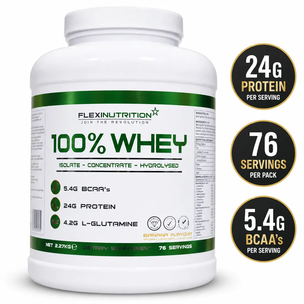 Flexi Nutrition 100% Whey Protein supplement in banana flavour, 2.27kg tub with 24g protein and 5.4g BCAAs per serving