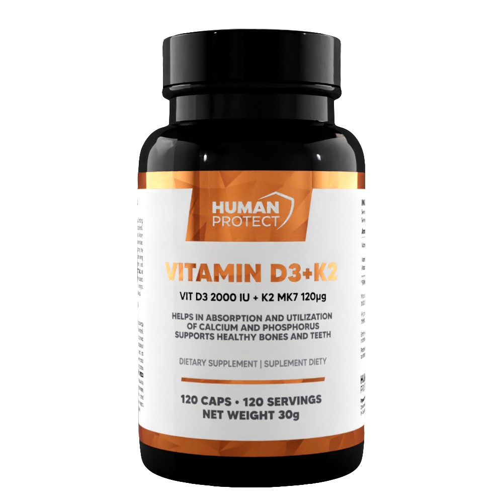 Human Protect Vitamin D3+K2 dietary supplement, 120 capsules, with 2000 IU vitamin D3 and 120 µg K2 MK7, supports bone and teeth health.