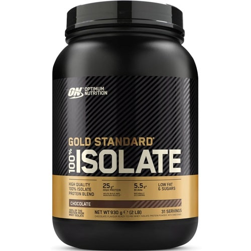 Optimum Nutrition Gold Standard 100% Isolate 930g chocolate flavour whey protein powder supplement in a black and gold tub.
