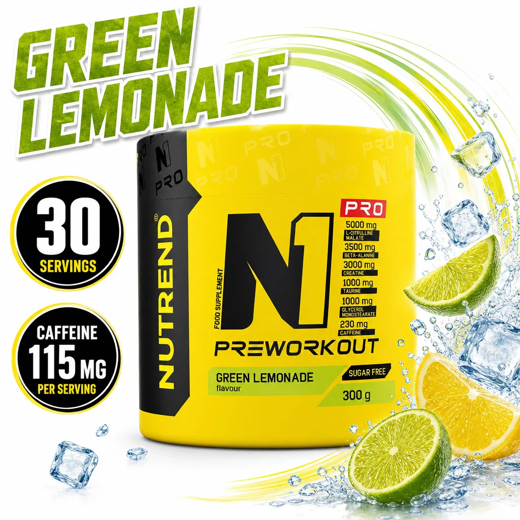 Nutrend N1 Pro Pre Workout green lemonade flavour powder, 300 g, with 30 servings and 115 mg caffeine per serving.