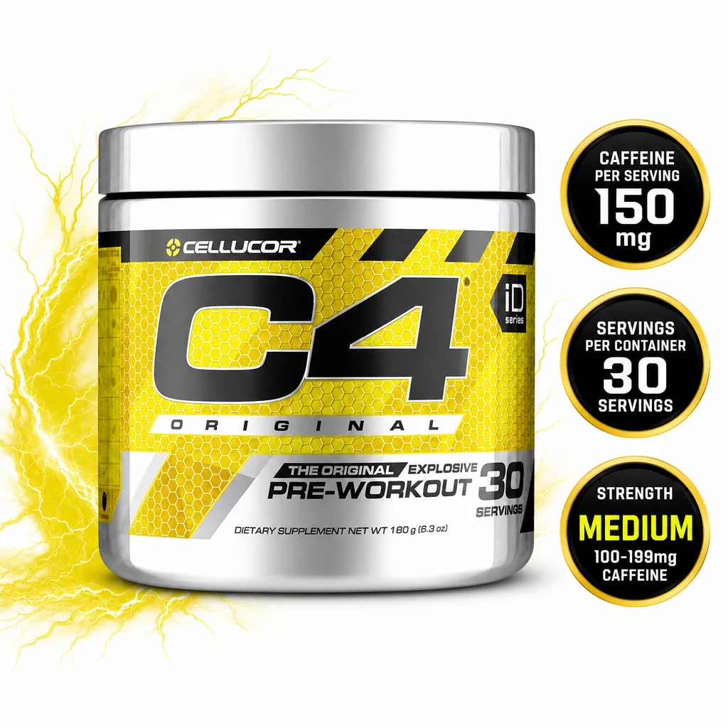 Cellucor C4 Pre-Workout dietary supplement in a yellow and black tub, 30 servings, 150 mg caffeine per serving