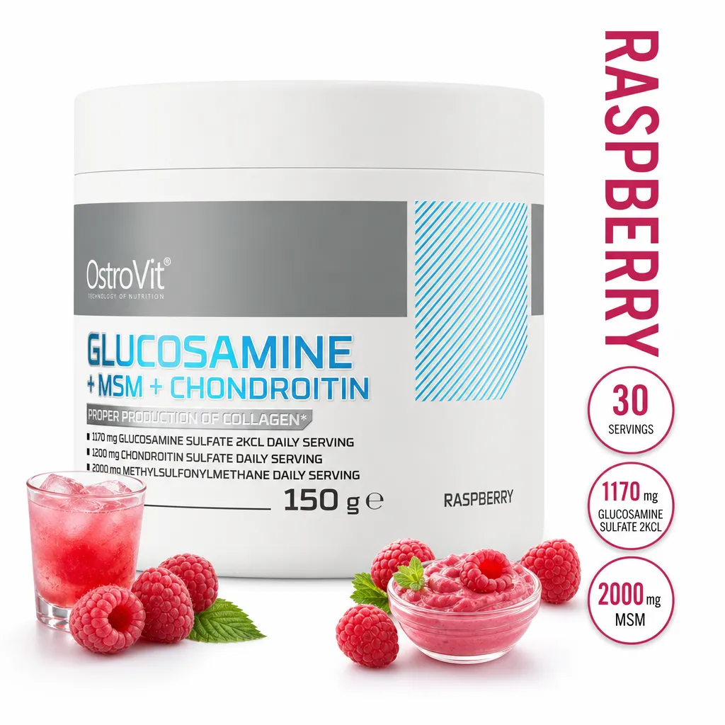 OstroVit Glucosamine + MSM + Chondroitin 150g is a raspberry-flavoured joint support powder supplement.