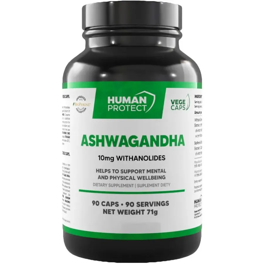 Human Protect Ashwagandha dietary supplement capsules with 10mg withanolides, 90 capsules and 71g net weight