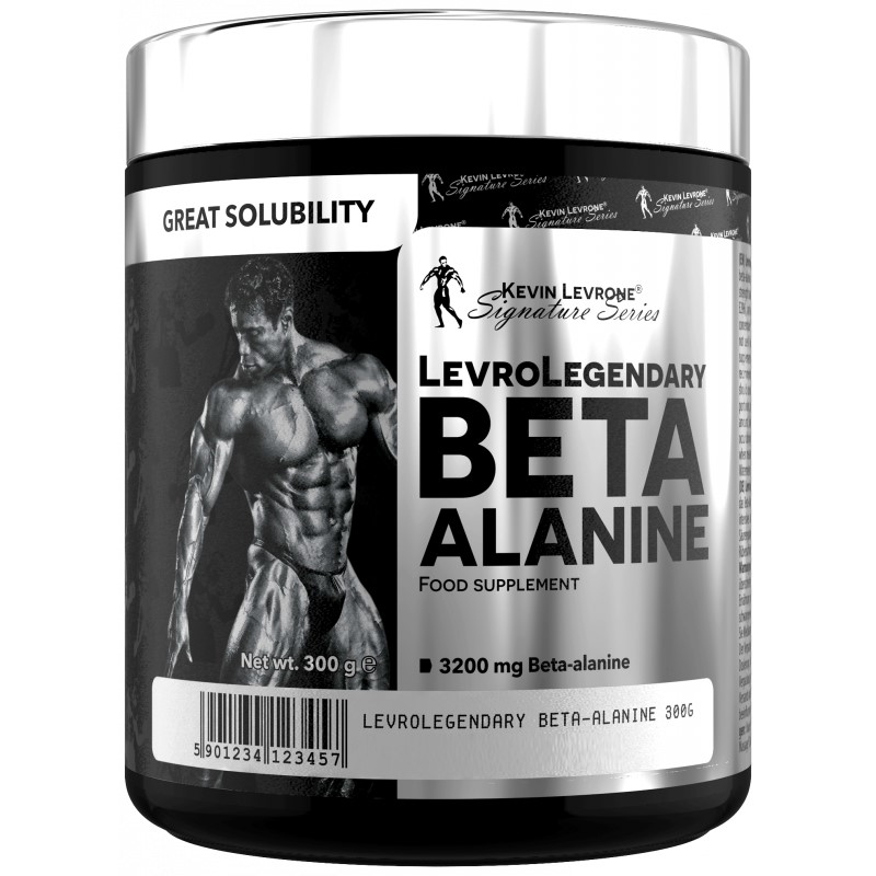 Kevin Levrone LevroLegendary Beta Alanine 300g food supplement, featuring 3200 mg beta-alanine per serving, in a black and silver container with a muscular figure illustration.