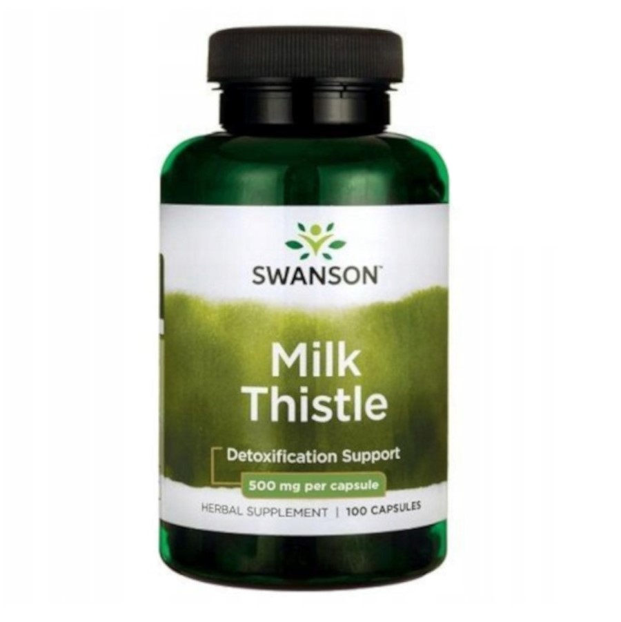 Swanson Milk Thistle 500mg herbal supplement, 100 capsules, for detoxification support, in a green bottle with a black cap.